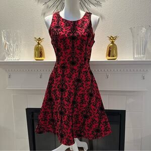 Skies are Blue fit and flare dress, red with black velvet brocade, XS